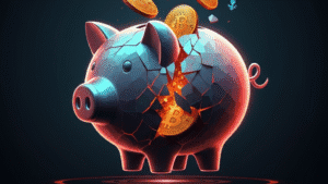 A digital piggy bank being shattered, spilling cryptocurrency symbols like Bitcoin and Ethereum coins, set against a dark background with glowing red and blue tones, symbolizing the danger and urgency of cryptocurrency scams.